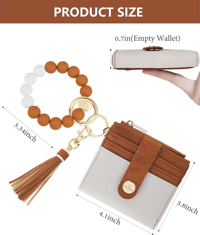 Sunpour Small Wristlet Wallets for Women Keychain Wristlet Wallet RFID Blocking Key Chain Wallet With Zipper Coin Pocket,2 Id Window (Beige＆Brown) - Image 2